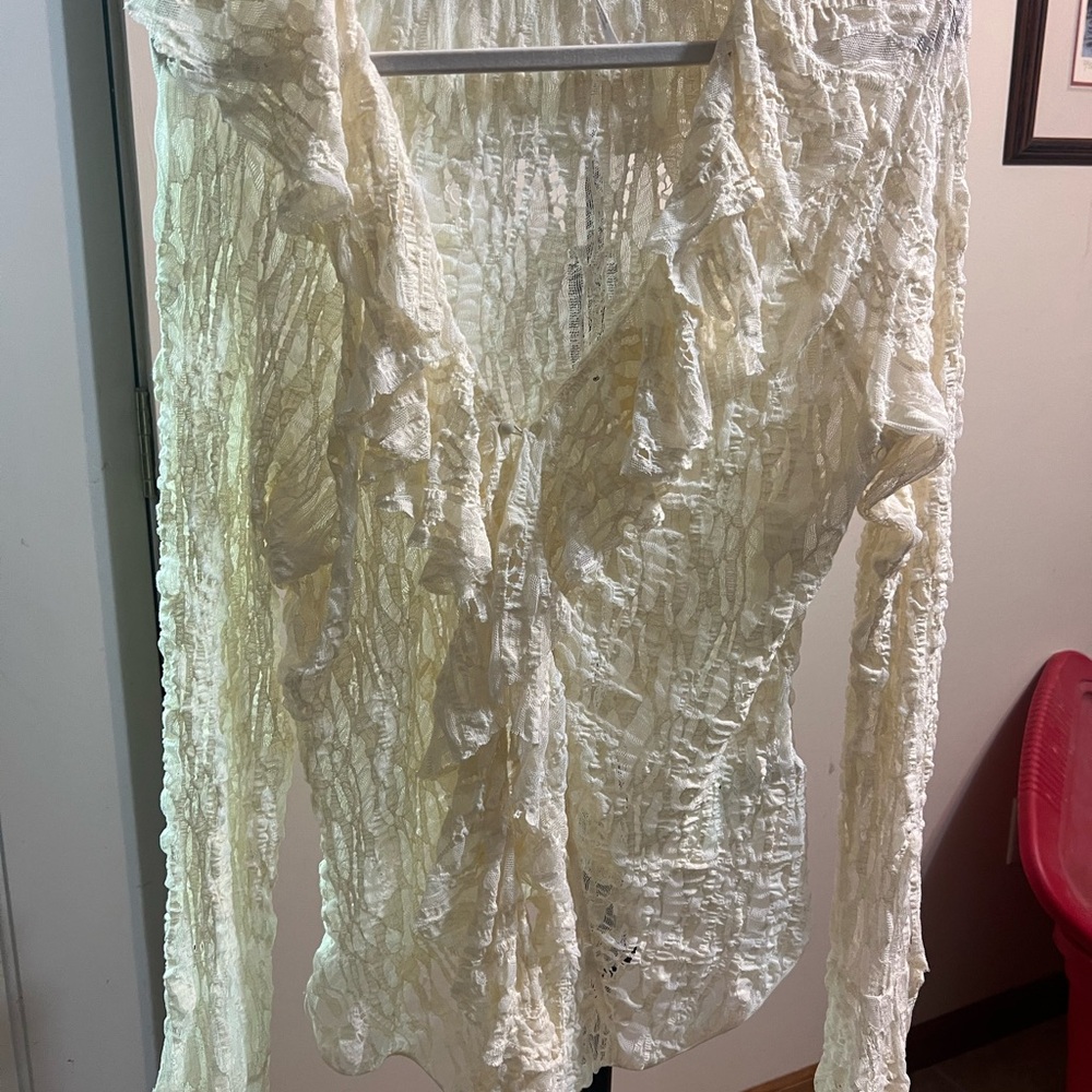 Free People Cream Ruffled V-Neck Blouse